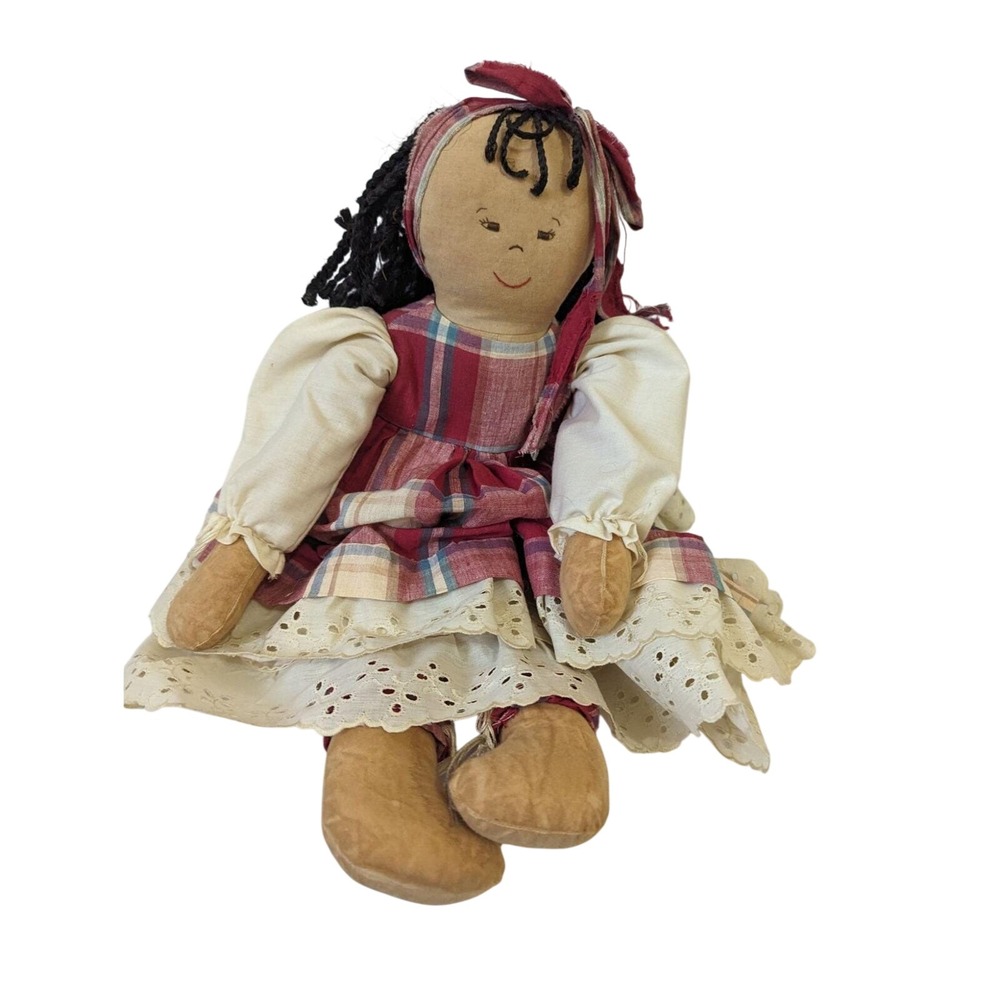 Handmade Folk Art Rag Doll Red Plaid Dress Eyelet‎ Lace Braided Hair 21 Inch